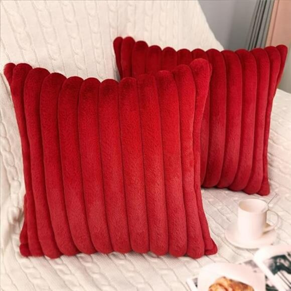 Red Faux Fur Velvet Pillow Covers 18x18 Set of 2 Soft Decorative Cushion Cases - Picture 8 of 8